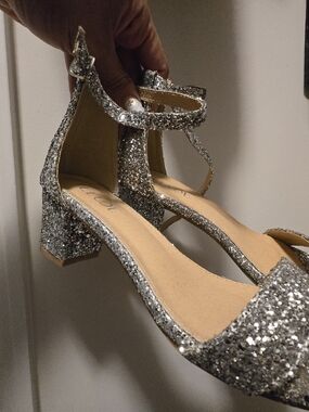 Nine West Silver Glitter Block-Heel Ankle Strap Sandals